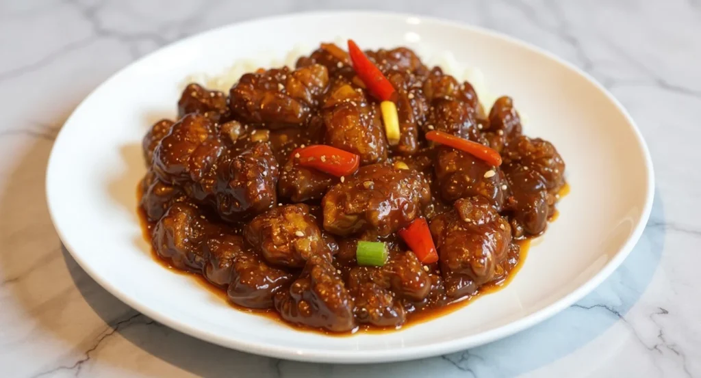 Close-up of Homemade Beijing Beef Recipe served with rice on a white plate.