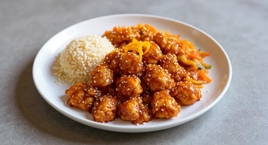 Homemade Orange Chicken Recipe with sesame seeds served with rice and vegetables