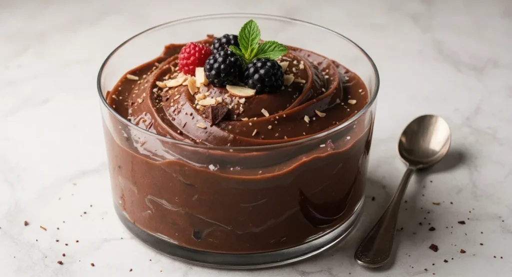 3 Ingredient Cottage Cheese Chocolate Mousse with berries and almonds in a glass bowl