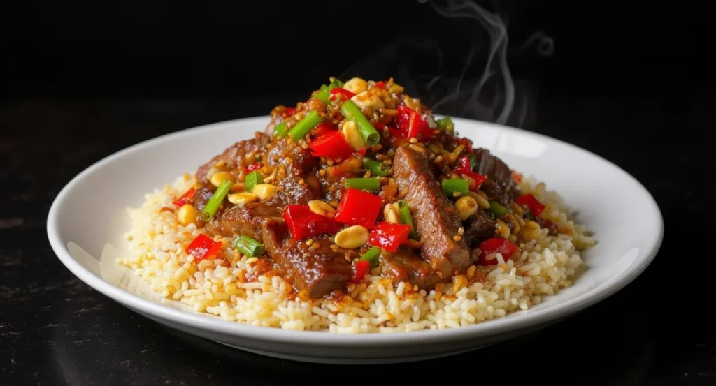 Authentic Kung Pao Beef Recipe served over rice with peanuts, red peppers, and green onions.