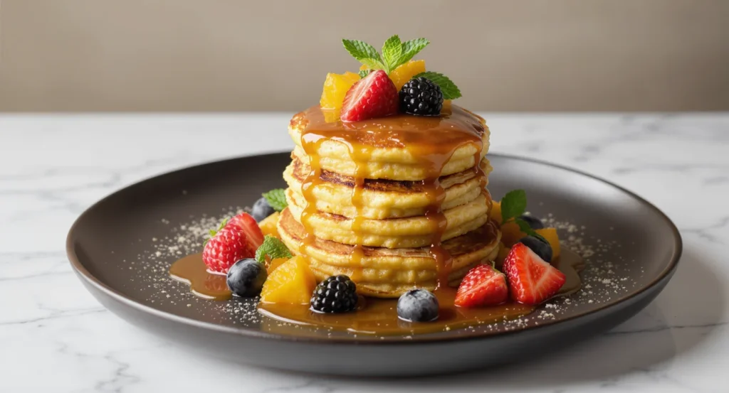 Authentic Mexican Pancake Recipe stacked with syrup, berries, and tropical fruit on a dark plate
