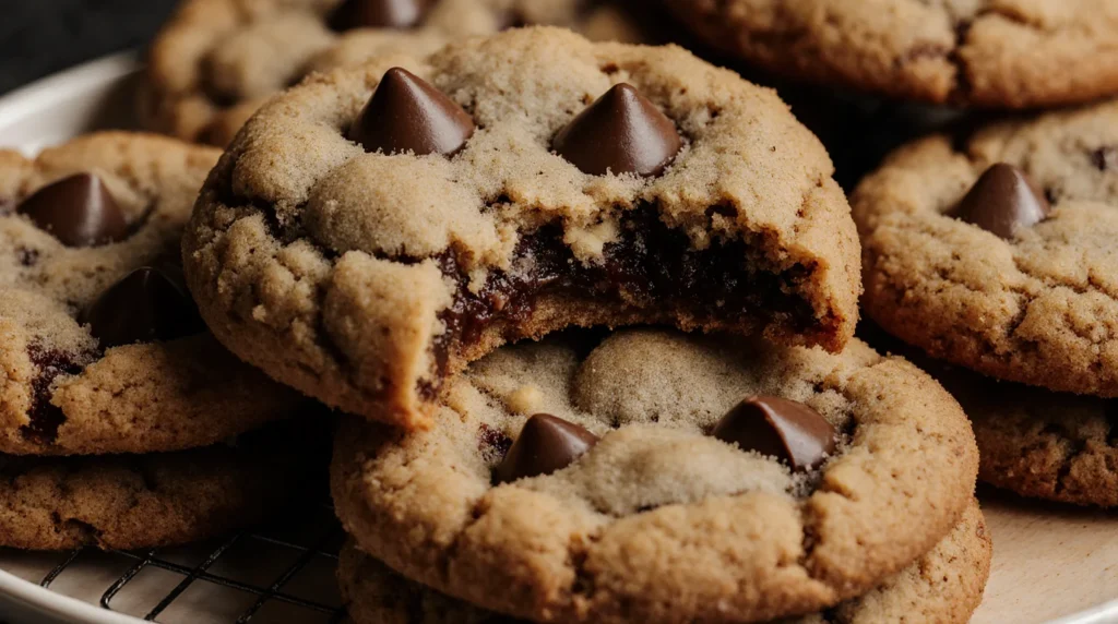 Best Chewy Chocolate Chip Cookie Recipe with gooey center and rich chocolate chunks on top of fresh cookies.