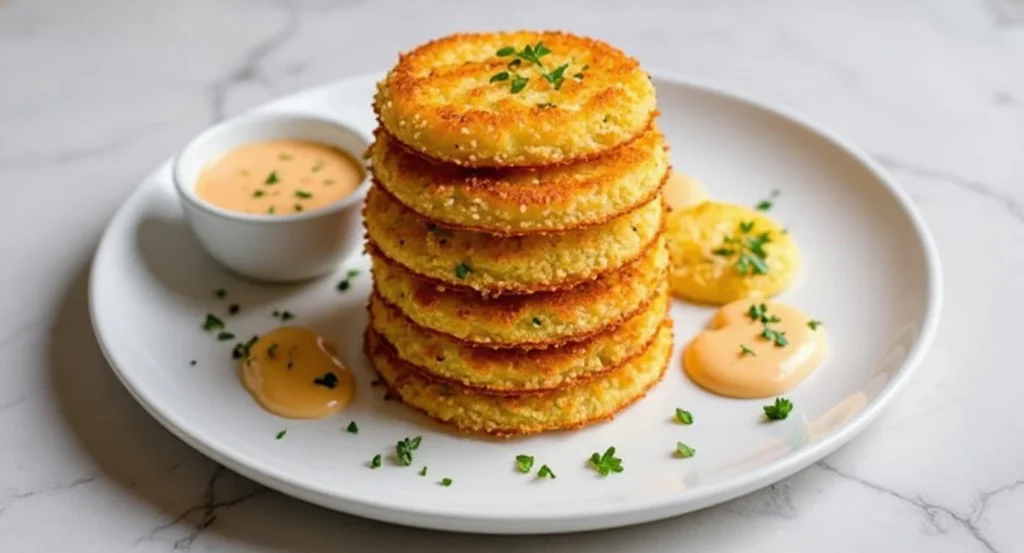 Crispy Fried Green Tomatoes Recipe served with creamy dipping sauce on a white plate.