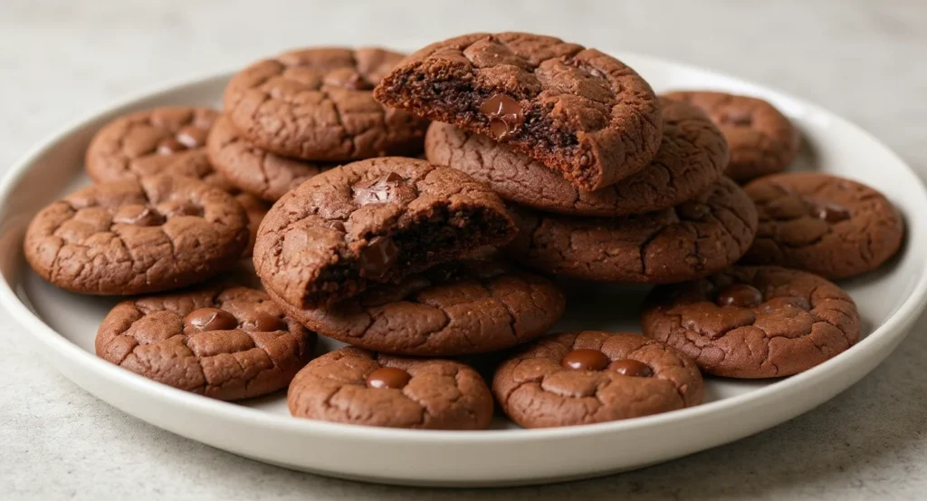 Double Chunk Chocolate Cookie Recipe with gooey chocolate chunks on a plate