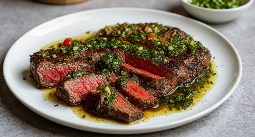 Easy Chimichurri Steak Recipe with juicy grilled beef topped with fresh chimichurri sauce on a white plate.