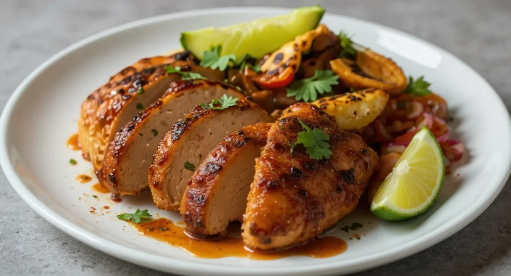 Easy Chipotle Chicken Recipe with juicy grilled chicken slices, lime wedges, and vegetables.