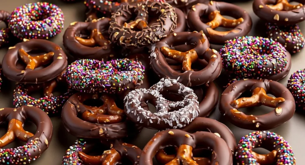 Easy Chocolate Covered Pretzels Recipe with sprinkles and toppings