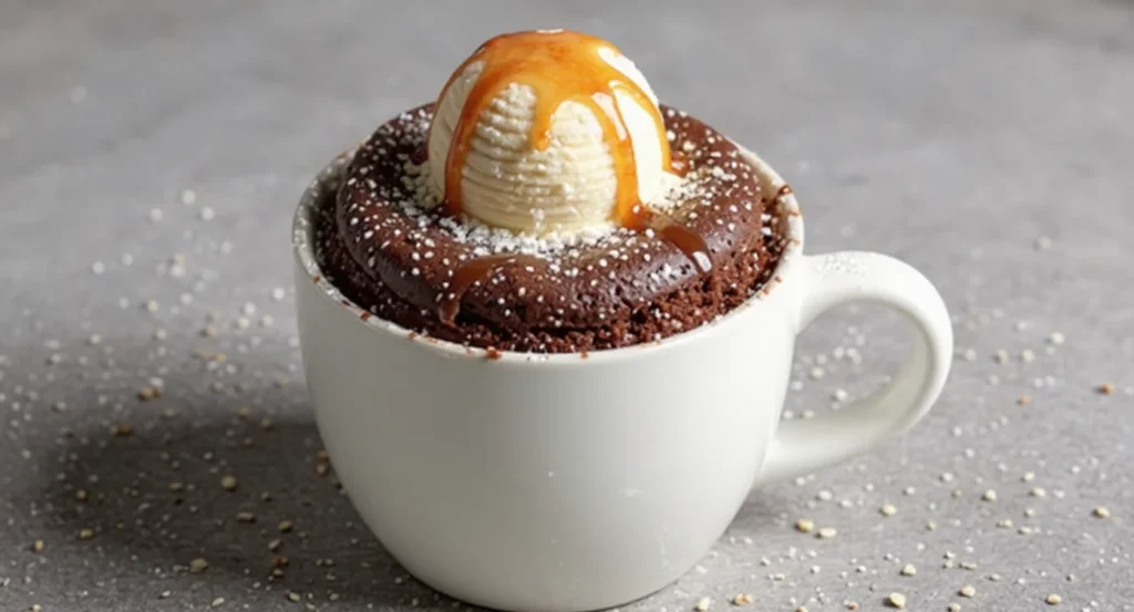 Easy Chocolate Mug Cake Recipe topped with vanilla ice cream and caramel drizzle in a white mug