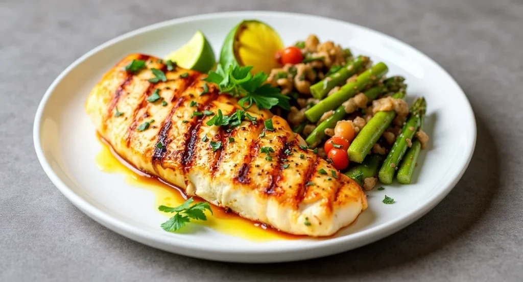Easy Grilled Mahi Mahi Recipe with asparagus and fresh vegetables on a plate