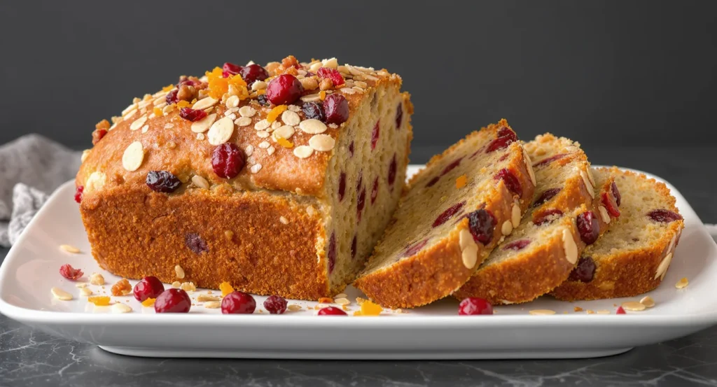 Easy Homemade Cranberry Bread Recipe with fresh cranberries and almond topping.