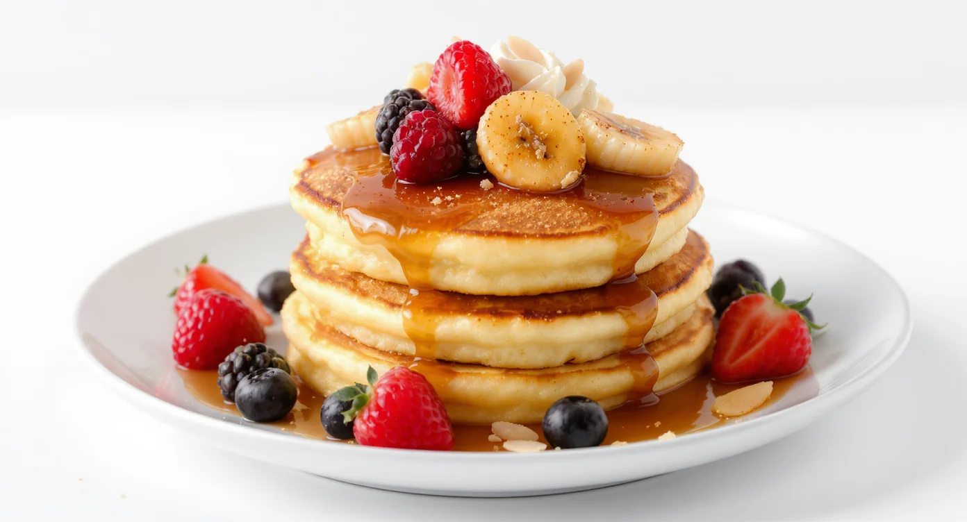 Stack of fluffy pancakes with berries and syrup – Easy cottage cheese pancakes recipe