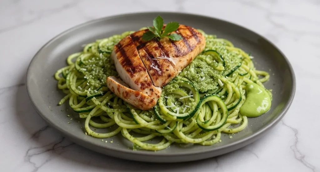 Healthy Grilled Chicken Zucchini Noodles with pesto and fresh herbs