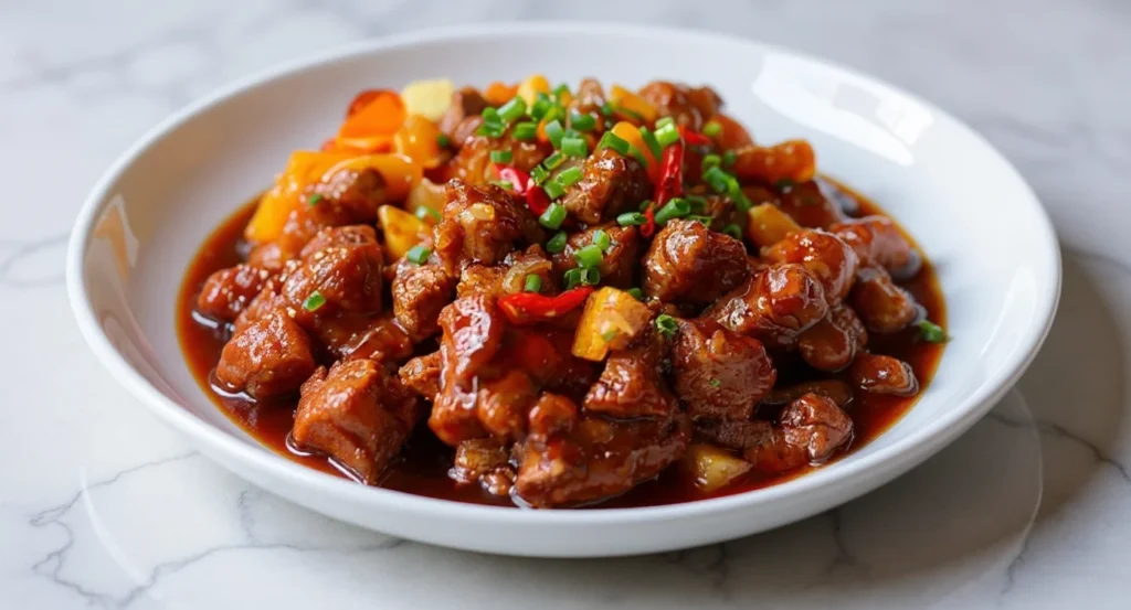 Homemade Beijing Beef Recipe with sweet and spicy sauce, garnished with scallions and peppers.