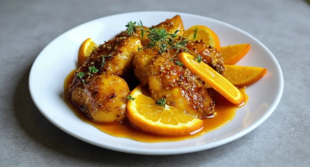Homemade Orange Chicken Recipe with tangy citrus glaze and fresh orange slices