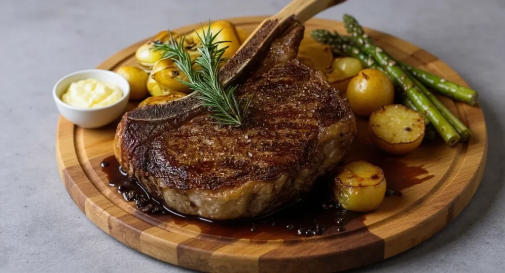Juicy Grilled Tomahawk Steak Recipe with potatoes and asparagus on a wooden board