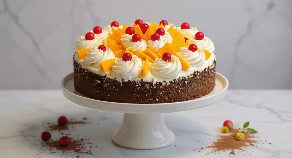 Decorated chocolate cake from Rosemary’s Bakery Whipped Cream Cake Recipe topped with whipped cream, mango slices, and cherries.