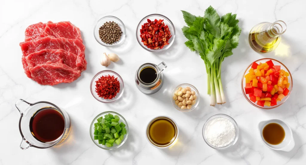 Authentic Kung Pao Beef Recipe with tender beef, crunchy peanuts, and spicy red peppers over fluffy rice.