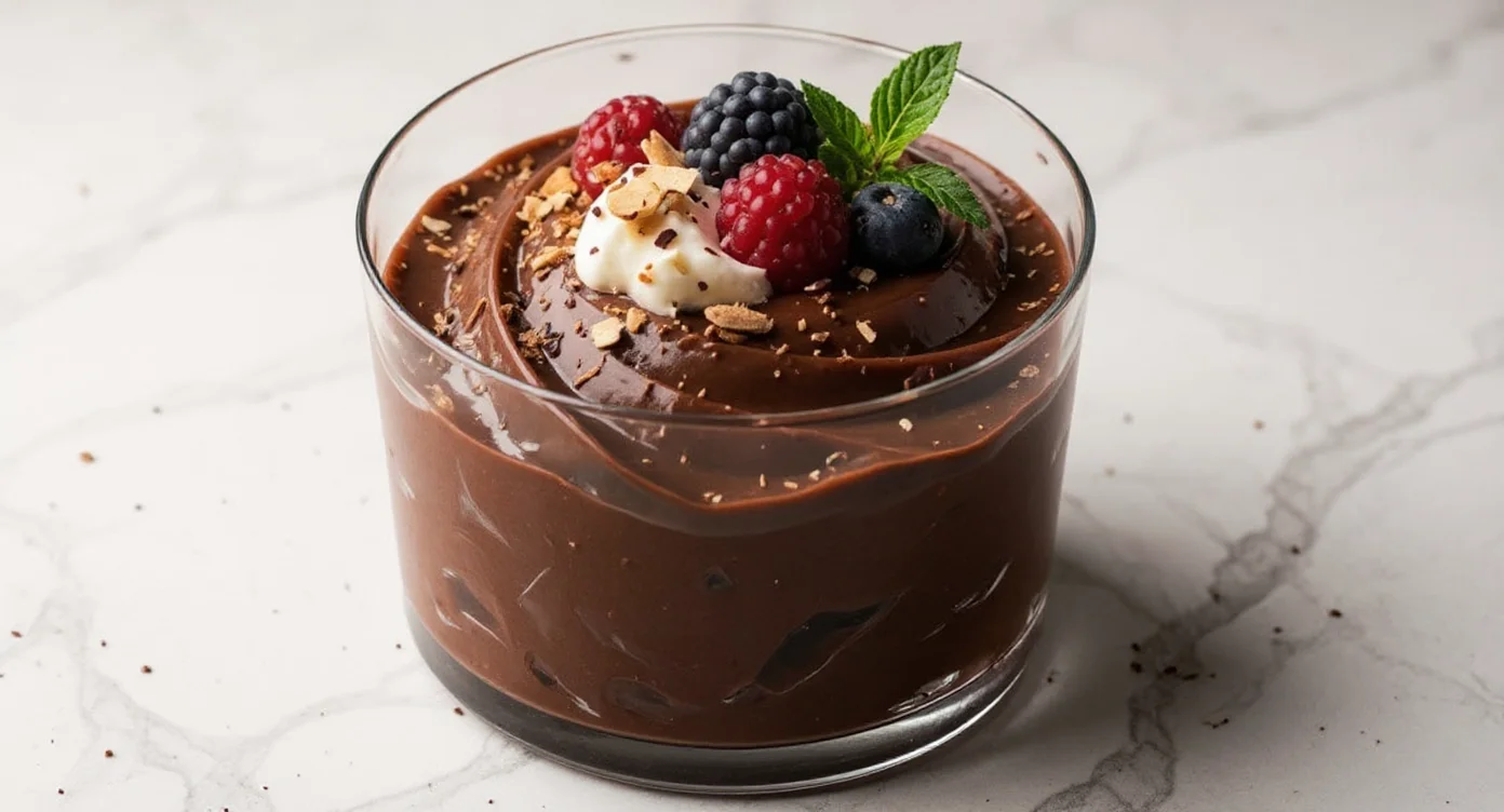 3 Ingredient Cottage Cheese Chocolate Mousse topped with fresh berries, whipped cream, and mint leaves in a glass dessert cup.