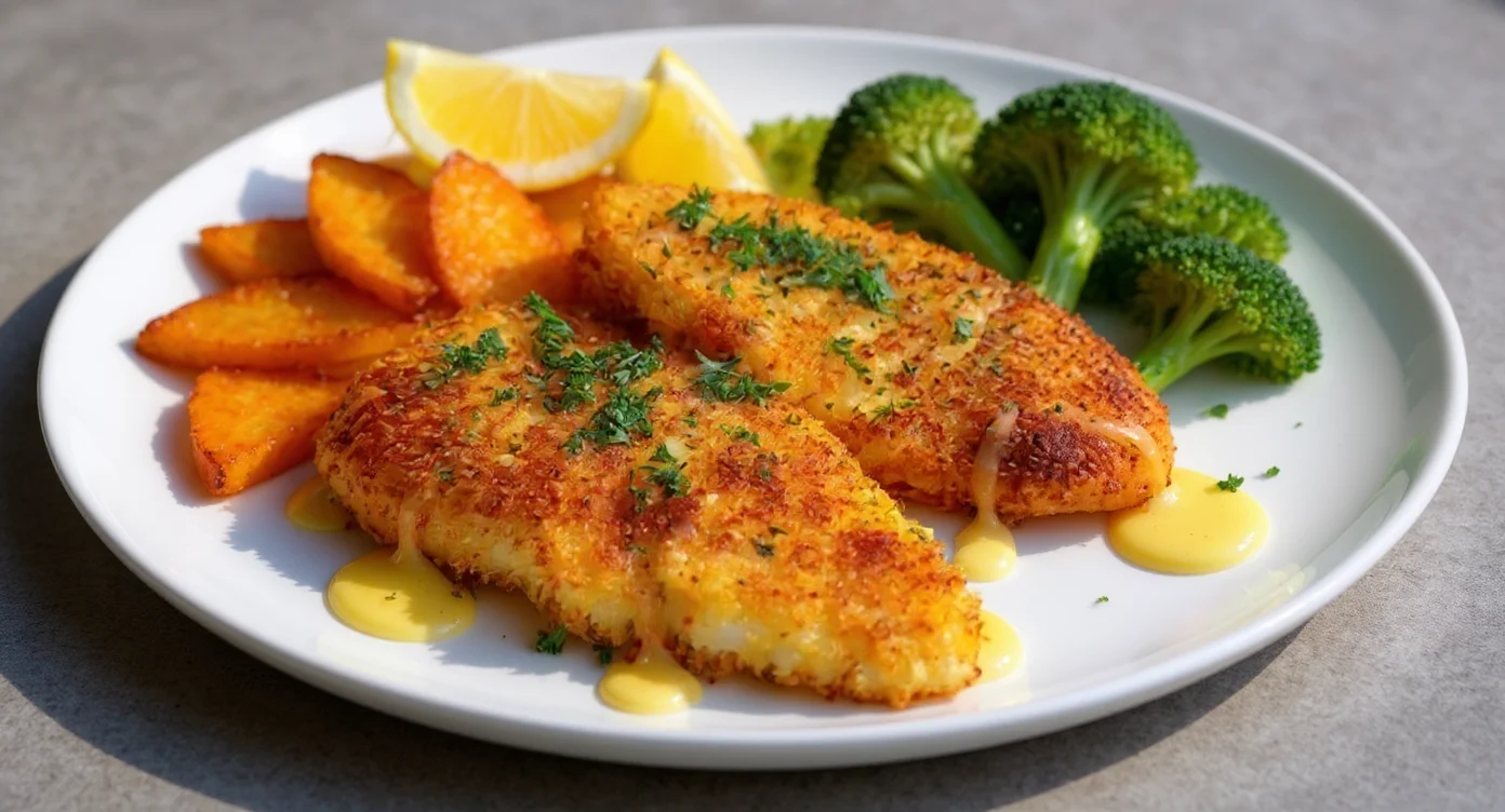 Air Fryer Tilapia Fillets Recipe with crispy golden crust, served with broccoli, potato wedges, and lemon slices