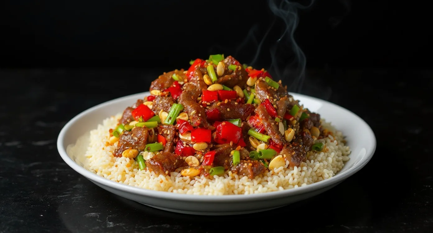Authentic Kung Pao Beef Recipe served with steamed rice, garnished with peanuts, red peppers, and green onions.