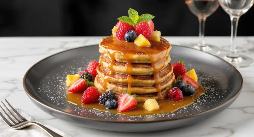 Stack of golden pancakes topped with fresh fruits and syrup – Authentic Mexican Pancake Recipe