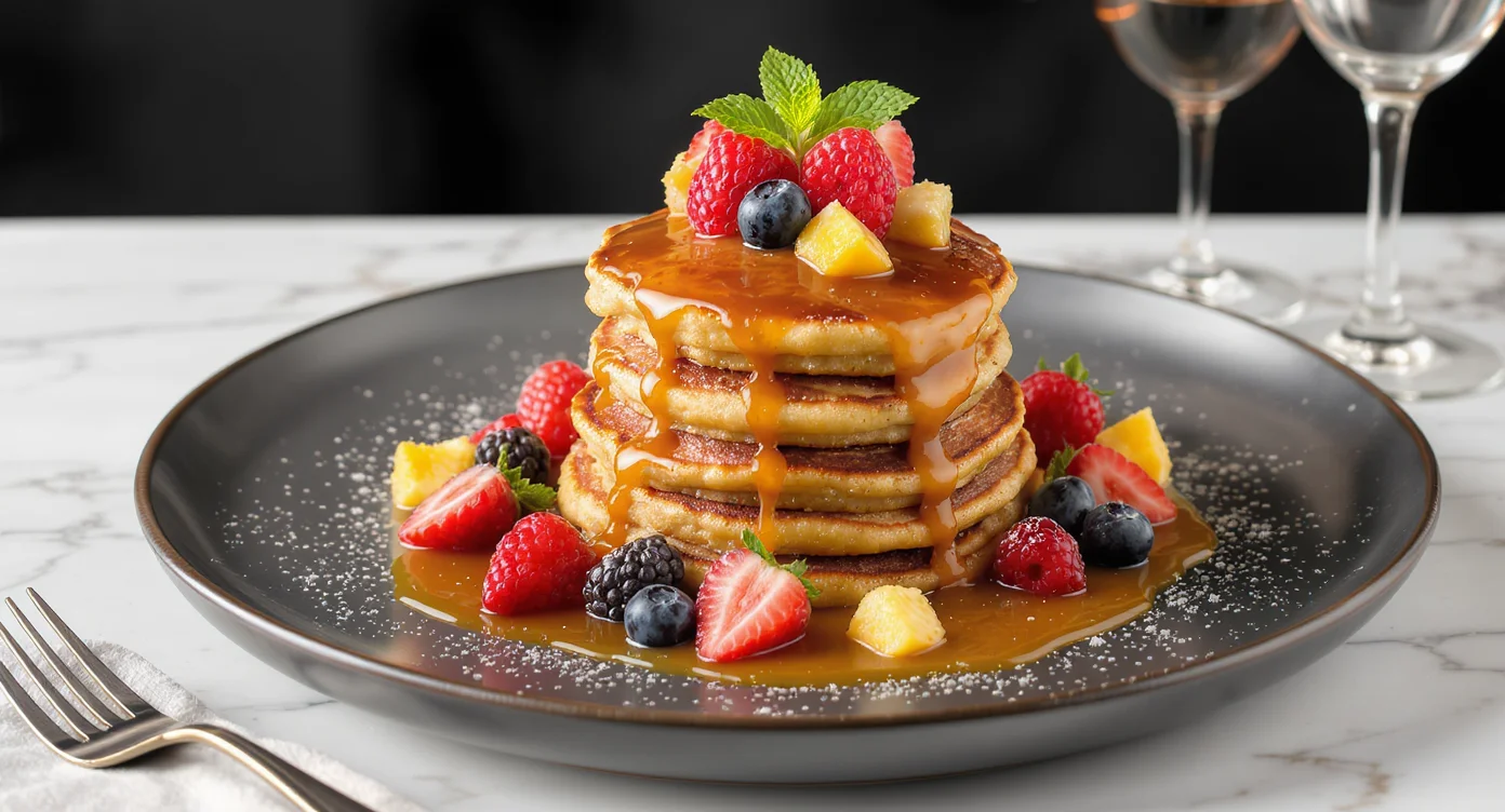 Stack of golden pancakes topped with fresh fruits and syrup – Authentic Mexican Pancake Recipe