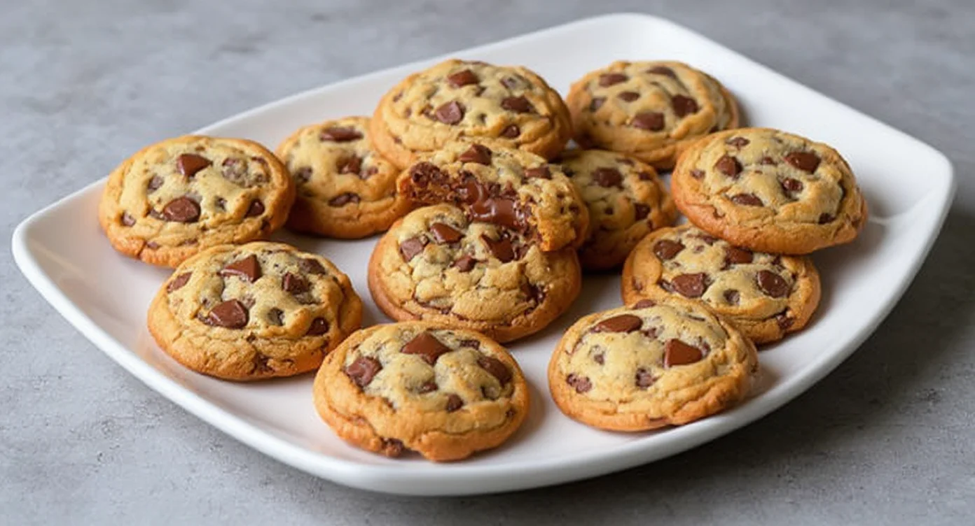 Best Chewy Chocolate Chip Cookie Recipe with soft, gooey center and rich chocolate chunks on a white plate.