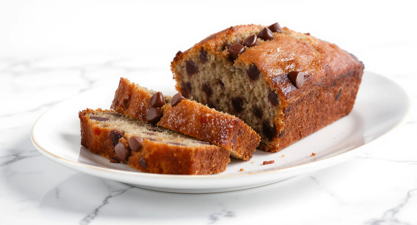Moist and fluffy Chocolate Chip Banana Bread Recipe topped with rich chocolate chips on a white plate.