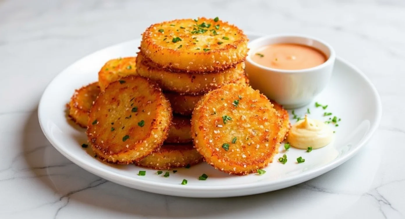 Crispy Fried Green Tomatoes Recipe served with dipping sauce on a white plate