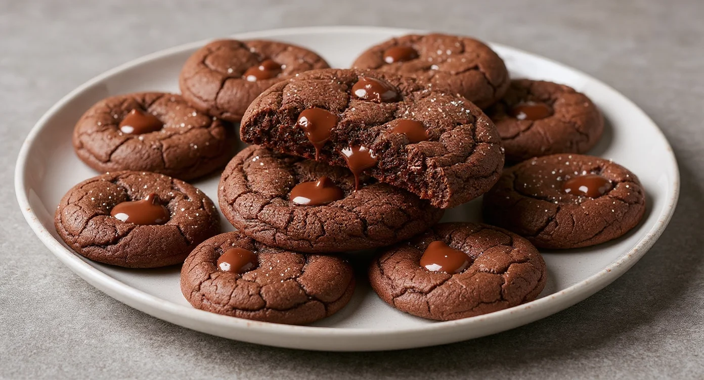 Freshly baked Double Chunk Chocolate Cookie Recipe with gooey melted chocolate chunks on a plate