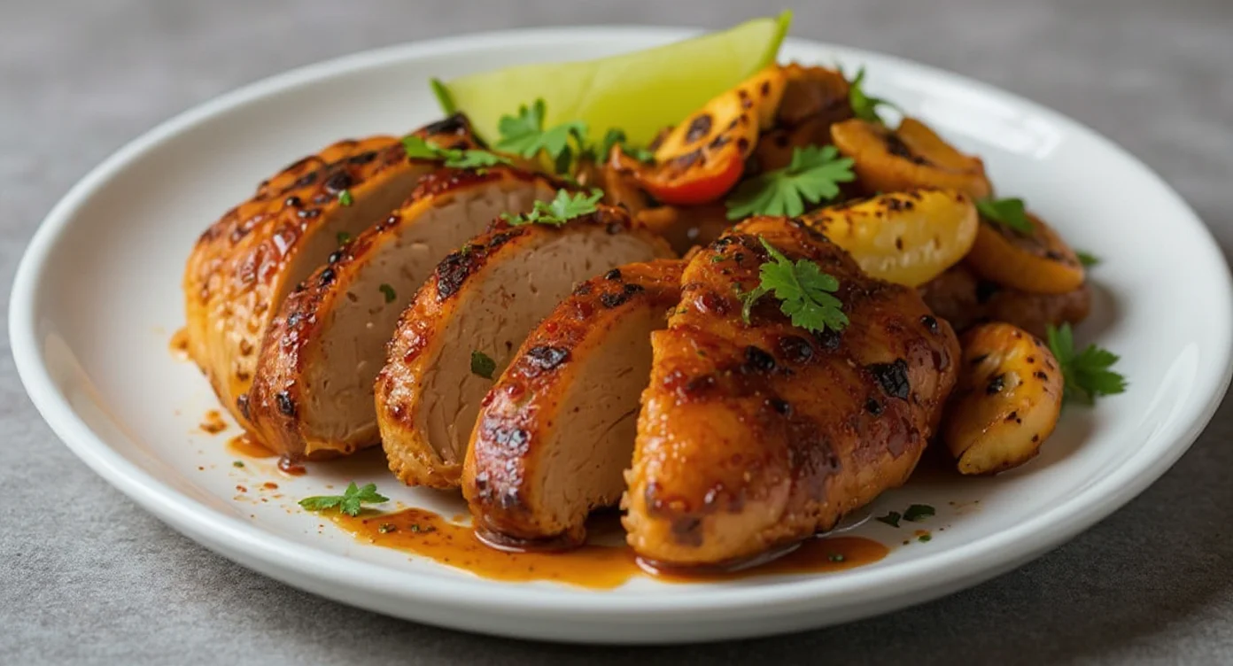 Easy Chipotle Chicken Recipe served with grilled vegetables and garnished with fresh herbs.