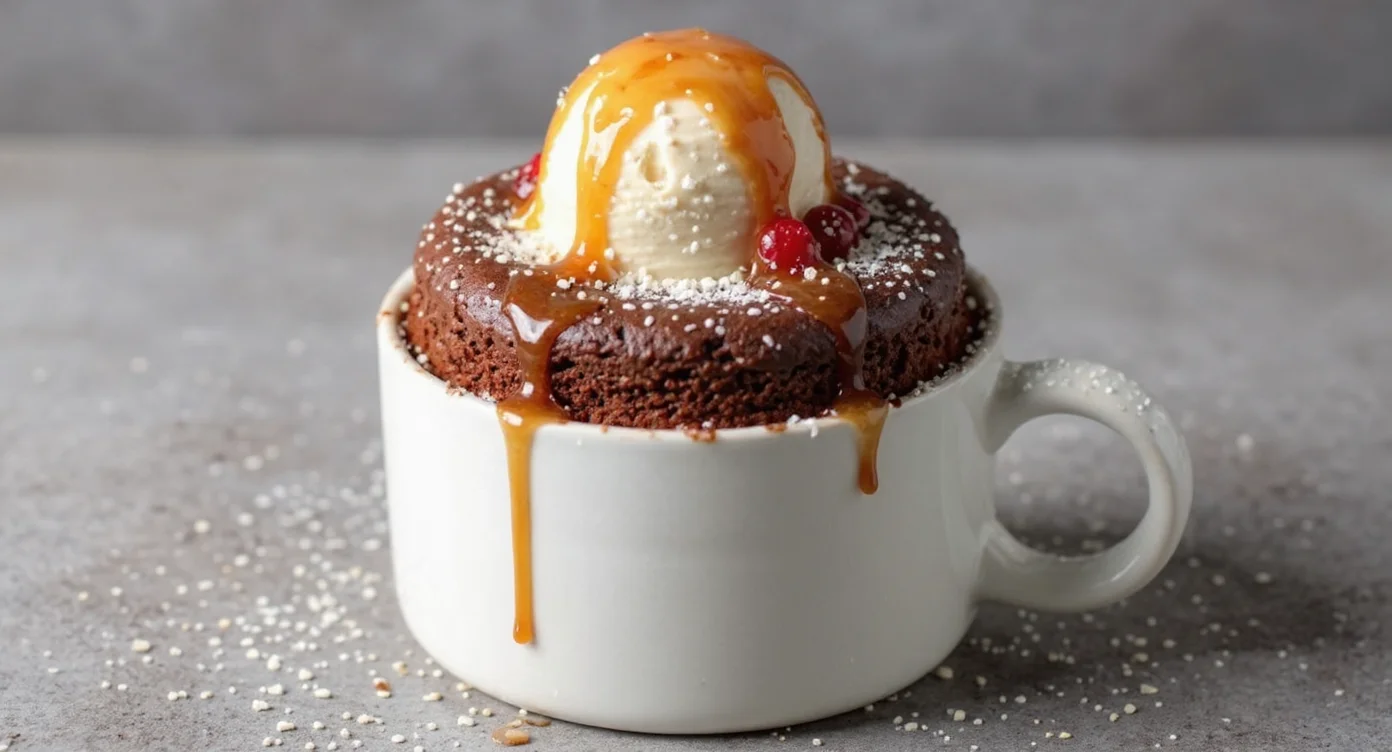 Easy Chocolate Mug Cake Recipe topped with vanilla ice cream, caramel drizzle, and berries in a white mug