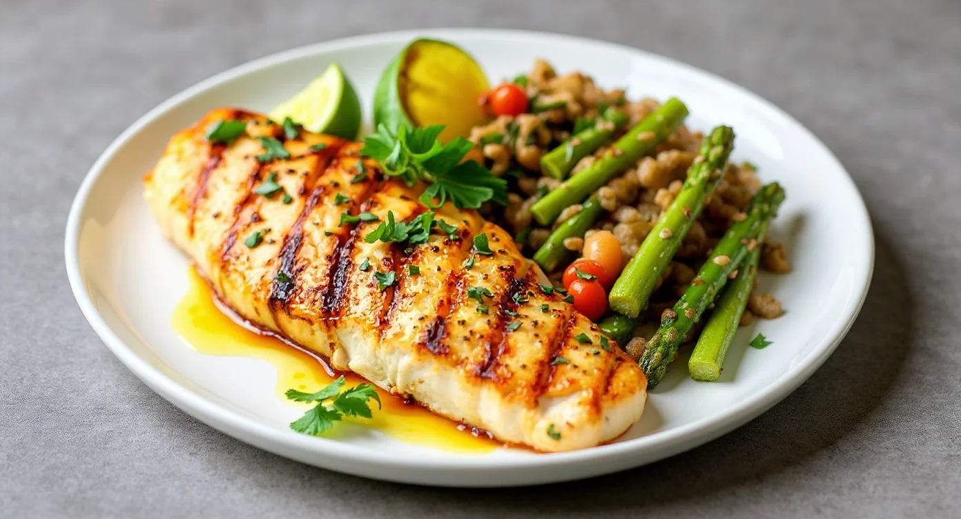 Easy Grilled Mahi Mahi Recipe served with asparagus and fresh vegetables