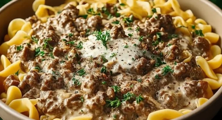 Creamy Easy Ground Beef Stroganoff Recipe served over egg noodles