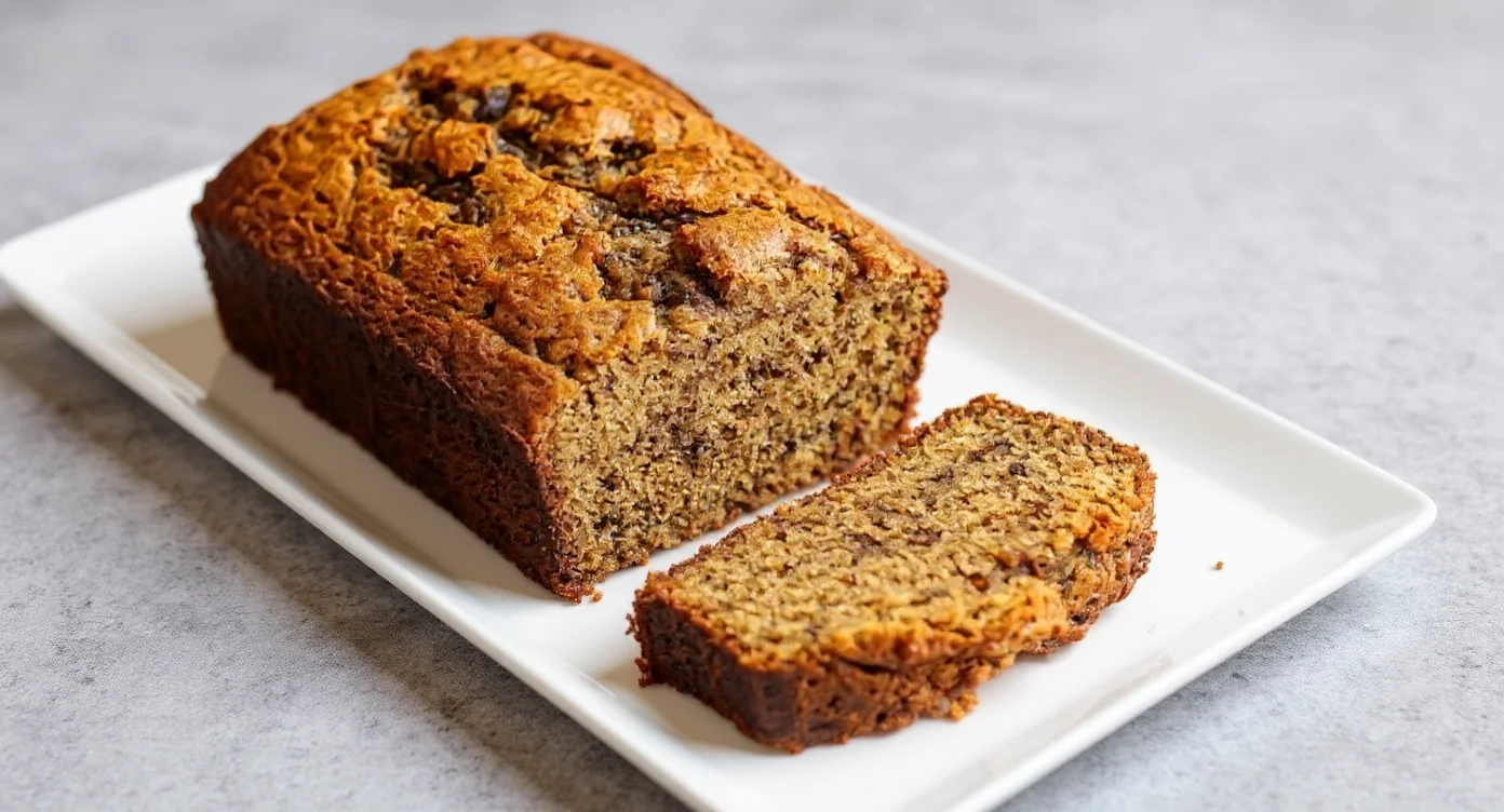Easy Healthy Banana Bread Recipe with a moist sliced loaf on a white plate