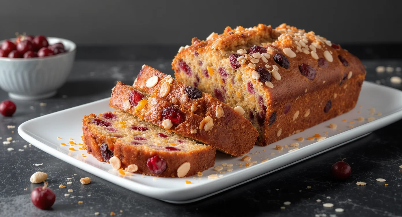 Easy Homemade Cranberry Bread Recipe with fresh cranberries and oats on a white serving plate