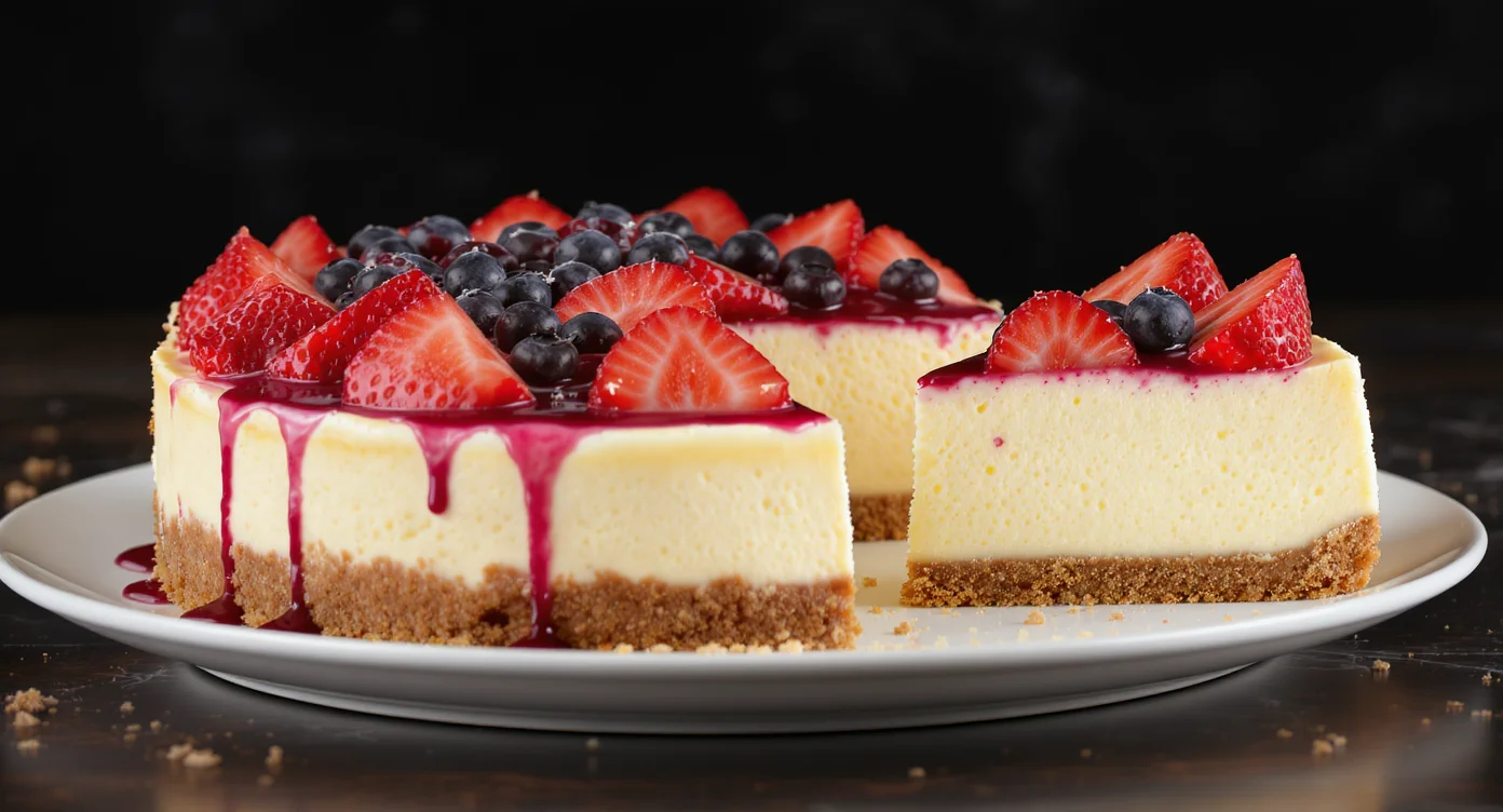 Easy Philadelphia Cheesecake Recipe topped with fresh strawberries and blueberries