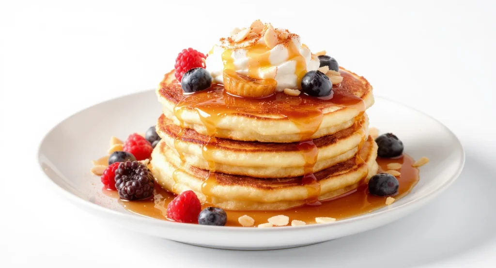 Easy cottage cheese pancakes recipe with  berries, and maple syrup on a white plate