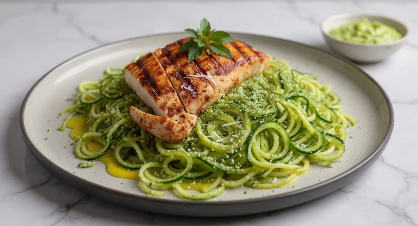 Healthy grilled chicken zucchini noodles served with creamy green sauce.