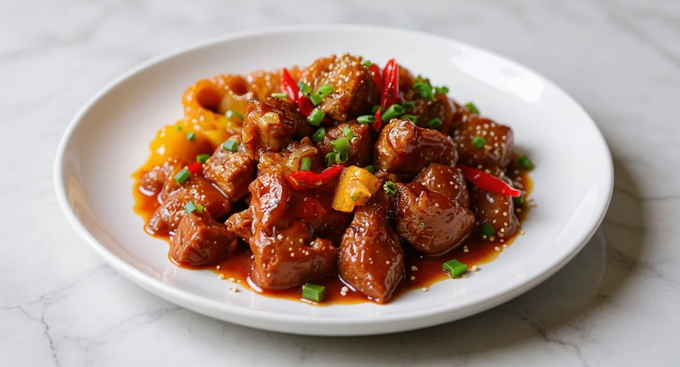 Homemade Beijing Beef Recipe with sweet and tangy sauce, peppers, and green onions