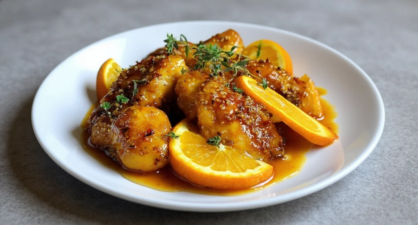 Homemade Orange Chicken Recipe with fresh orange slices and sweet savory sauce