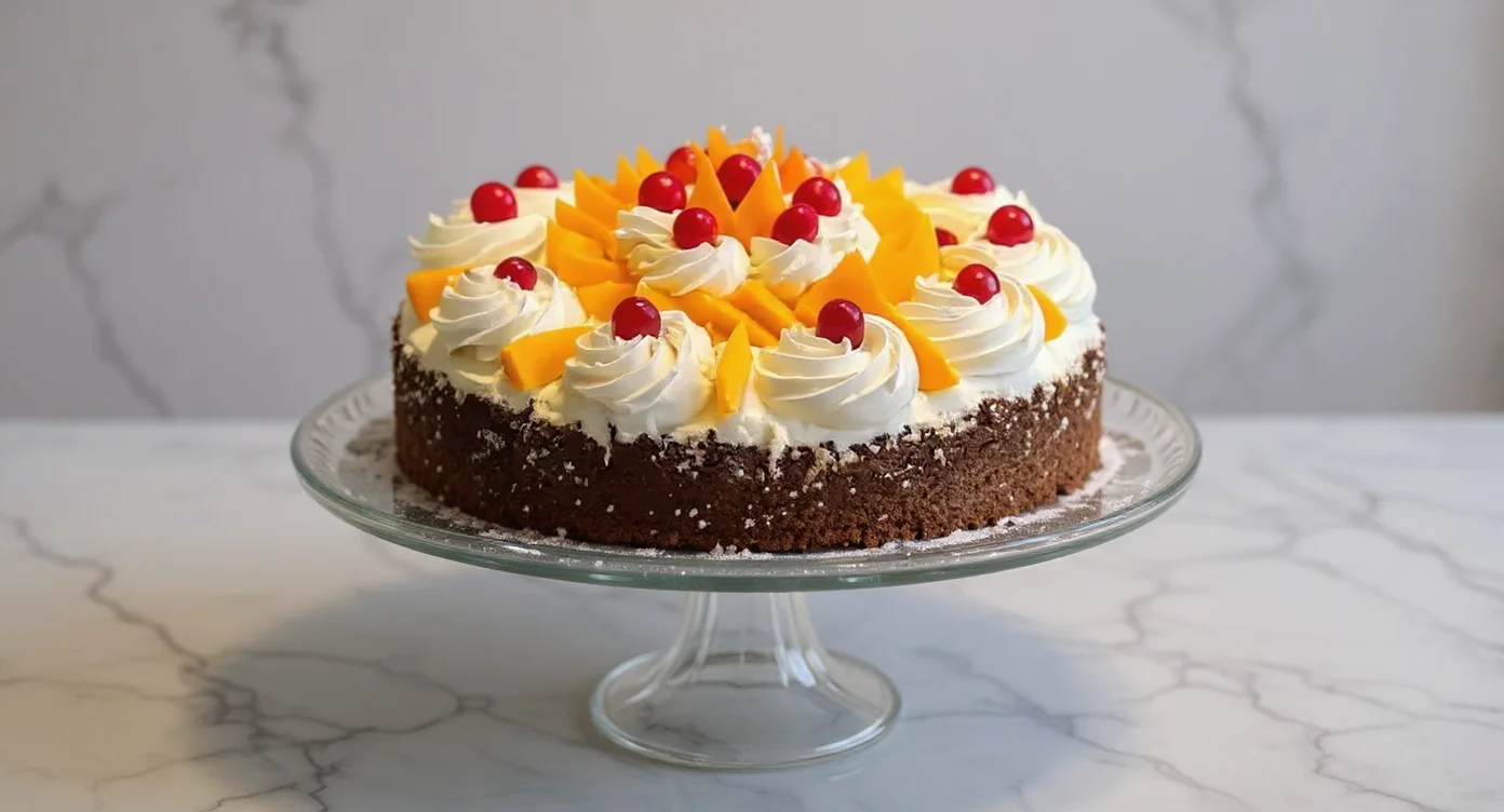 Rosemary’s Bakery Whipped Cream Cake Recipe with whipped cream, mango slices, and cherries
