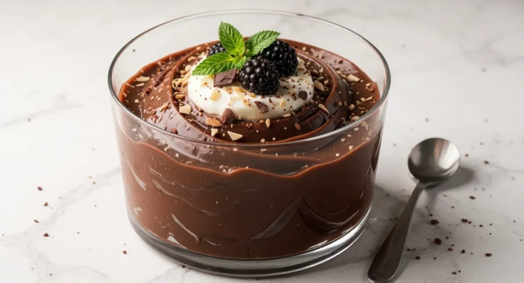 3 Ingredient Cottage Cheese Chocolate Mousse served in a glass, topped with whipped cream, blackberries, mint leaves, and chocolate shavings.