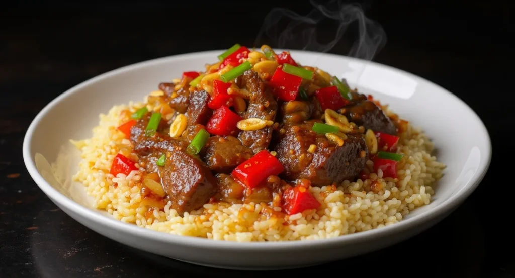 Authentic Kung Pao Beef Recipe with tender beef, crunchy peanuts, and spicy red peppers over fluffy rice.