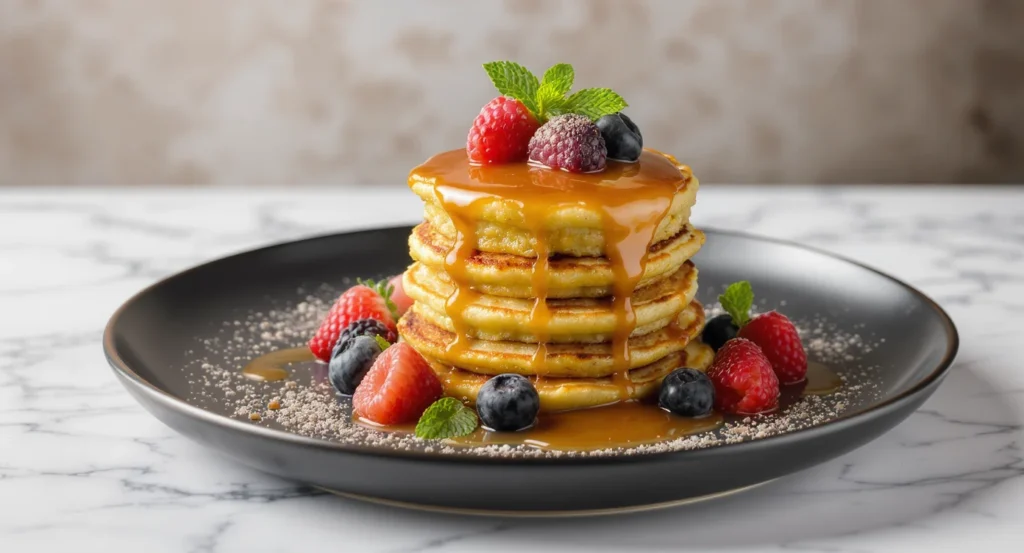 Authentic Mexican Pancake Recipe with syrup and fresh tropical fruits on a black plate