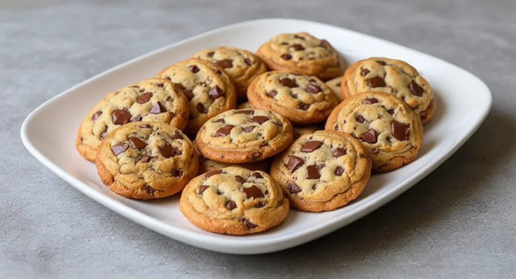 Best Chewy Chocolate Chip Cookie Recipe featuring freshly baked cookies with melted chocolate chips on a plate.