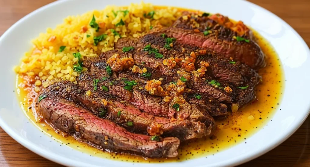 Best Picanha Steak Recipe sliced and served with golden rice and garlic butter sauce on a white plate.