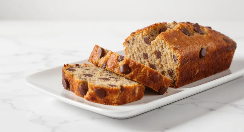 Freshly baked Chocolate Chip Banana Bread Recipe with sliced pieces and melted chocolate chips.