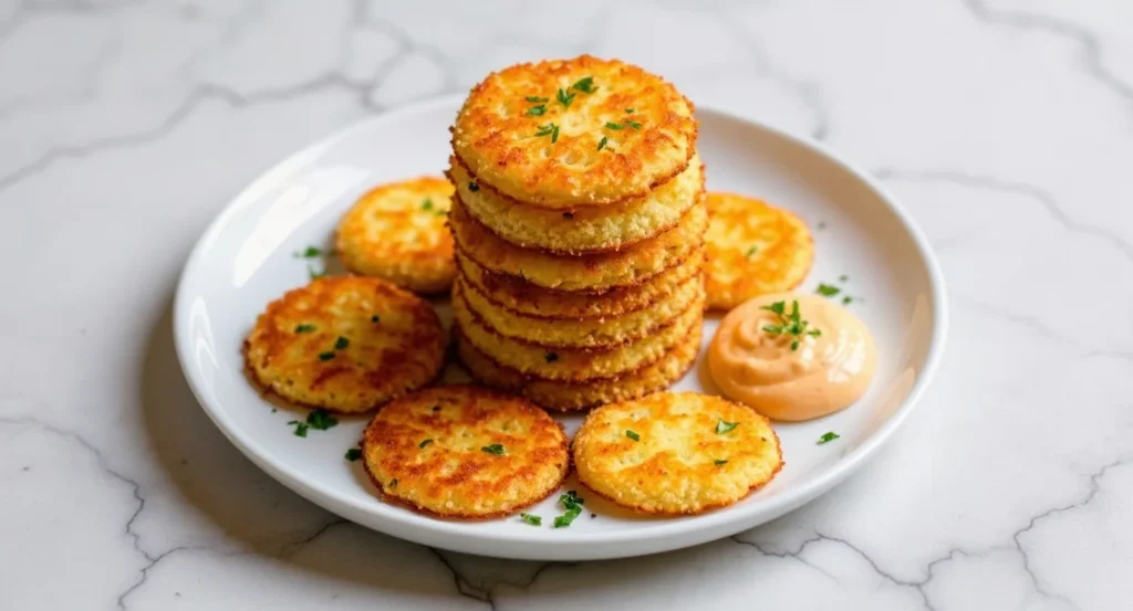 Crispy Fried Green Tomatoes Recipe stacked on a plate with a creamy dipping sauce.
