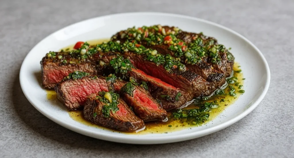 Sliced medium-rare beef topped with herb sauce on a plate — Easy Chimichurri Steak Recipe.